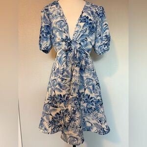 Cider Tropical Print Midi Dress in Blue and White